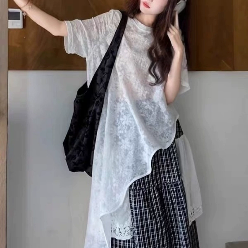 Женский костюм больших размеров Sen 2025, новый летний комплект из кружевного топа, закрывающего живот, и клетчатой юбки