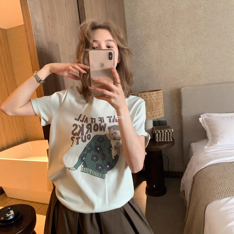 Hers a Spoonful of Sweetness Spring and Summer Korean Style Fun Niche Girl Pattern College Style Round Neck Short-Sleeved T-Shirt for Women 80120 Hers a Spoonful of Sweetness Spring and Summer Korean Style Fun Niche Girl Pattern College Style Round Neck Short-Sleeved T-Shirt for Women 80120