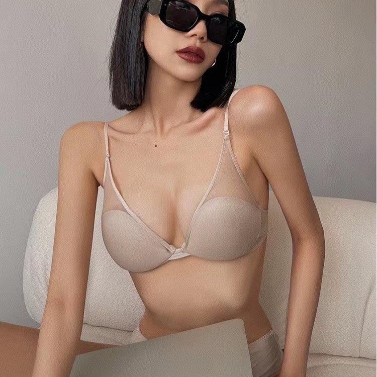 Sujetador francés fino para niña, malla en forma de U, ropa interior transpirable y hermosa para mujer, sin costuras, sin anillo de acero, sujetador fruncido