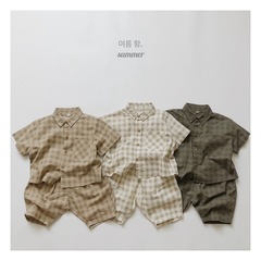 Korean ramie plaid shirt summer Korean children's plaid shirt short-sleeved boys and girls casual thin cardigan half-sleeved