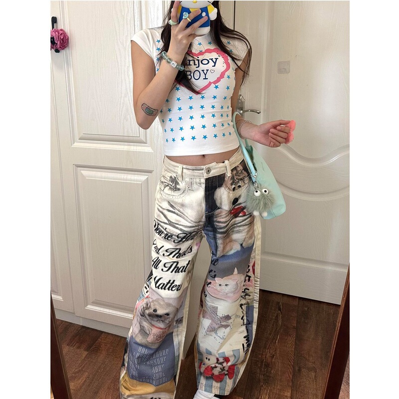2025 Summer New American-Style Heavy-Duty 3D Image Print Wide-Leg Jeans for Women, Niche Loose-Fitting Long Pants 2025 Summer New American-Style Heavy-Duty 3D Image Print Wide-Leg Jeans for Women, Niche Loose-Fitting Long Pants