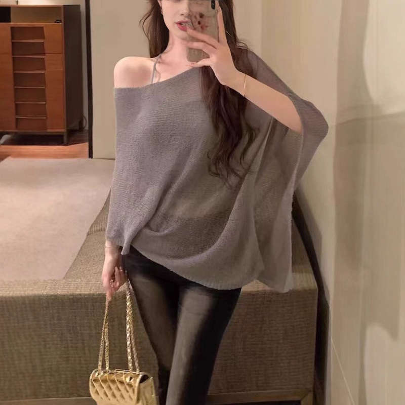 Irregular Bat-Sleeve Cape Sun-Protective Knit Top for Women, Summer American Chic Off-Shoulder Loose Sheer Thin Blouse Irregular Bat-Sleeve Cape Sun-Protective Knit Top for Women, Summer American Chic Off-Shoulder Loose Sheer Thin Blouse
