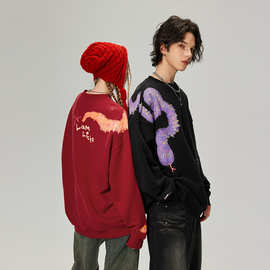 lamlicka“蛇年福绕”贺岁新款圆领卫衣男重磅国潮情侣装上衣宽松