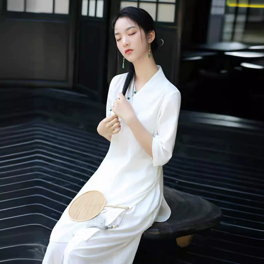 Улучшенное летнее платье Чонсам Hanfu, однотонная одежда с косой грудью, одежда для дома, покрывающая бедра, чайная одежда, сказочный стиль, литература и искусство, дзен-одежда 22061