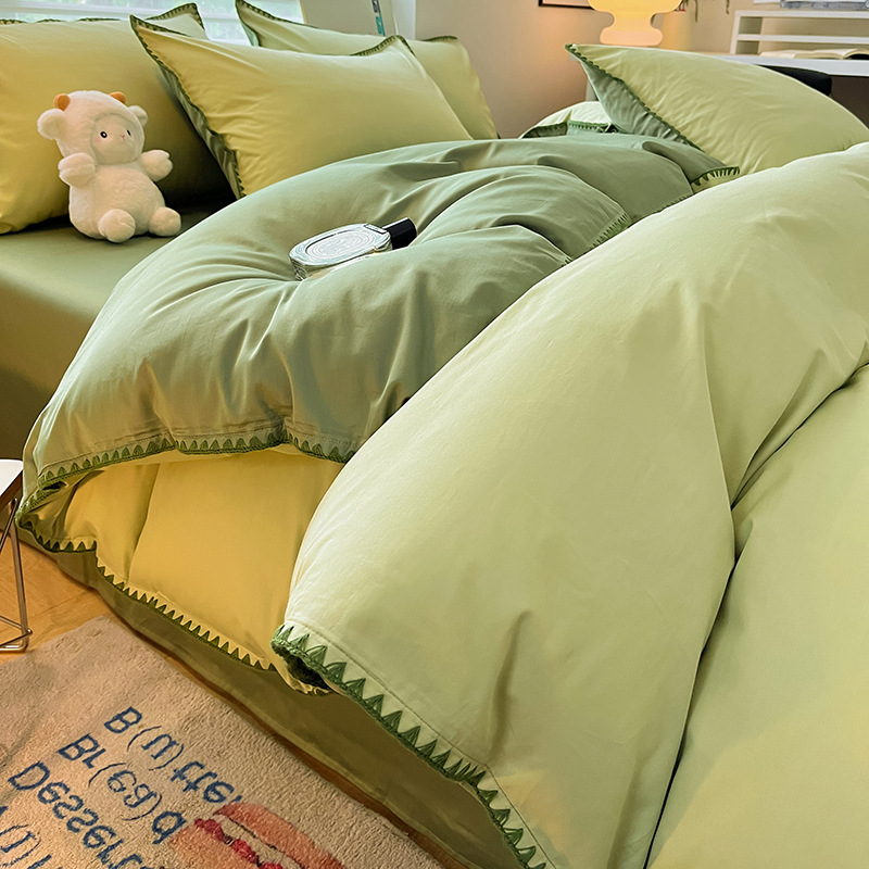 Conjunto de capa de edredom de quatro peças em algodão puro com bordado de conchas, estilo minimalista retrô nórdico francês, em cor sólida. Ideal para cama de solteiro ou dormitório. Disponível em algodão._voghion.com
