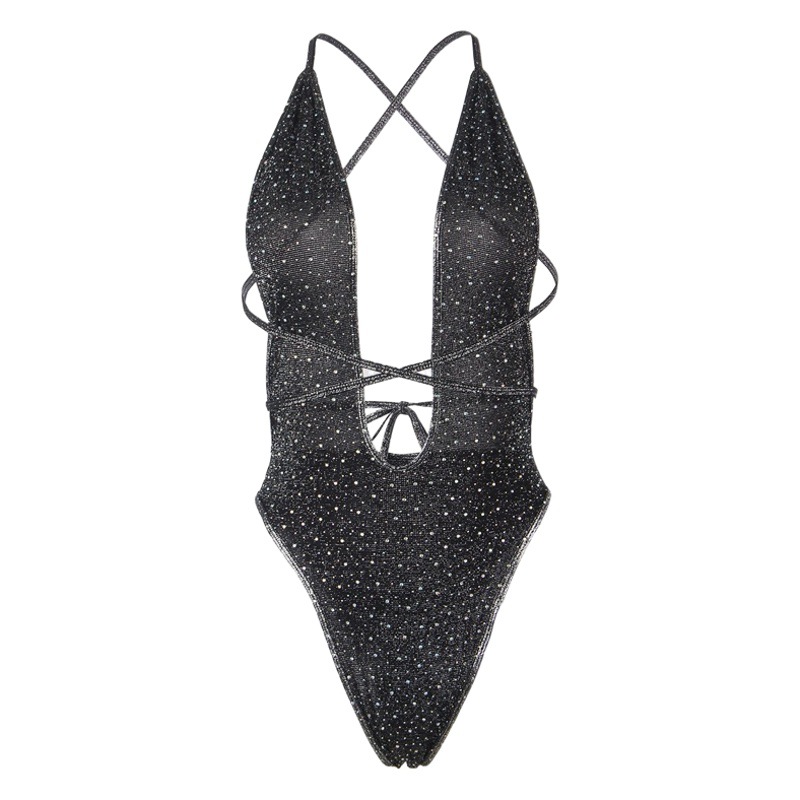 Europeo y americano más tamaño sexy Lencería mujer profundo cuello en V sexy backless Halter Correa flash diamante mono Amazon venta al por mayor