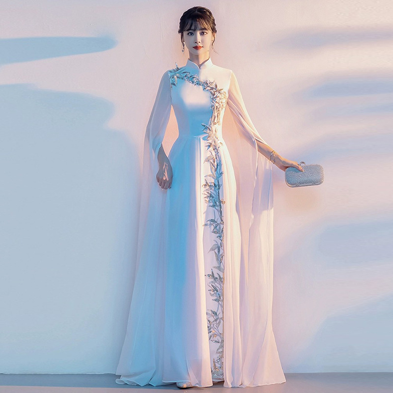 2026 New Classical Dance Choir Performance Costume for Women, White Ethnic Style Folk Song Solo, Elegant Long Dress for Guzheng