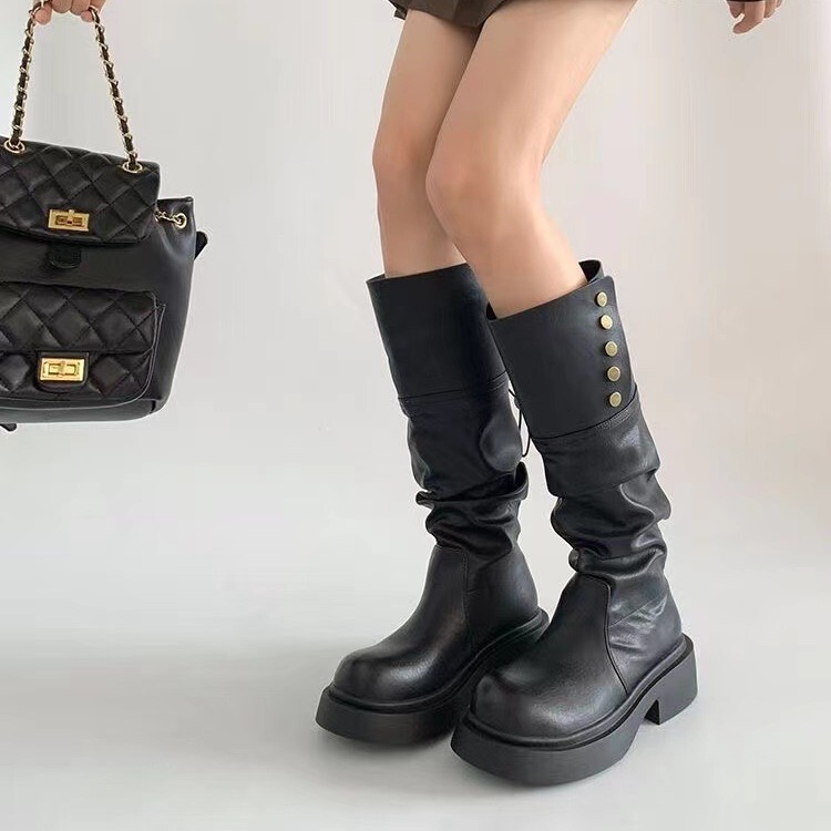 棕色长筒靴女2025秋冬新款厚底不过膝高筒骑士靴美拉德显瘦长靴子|undefined
