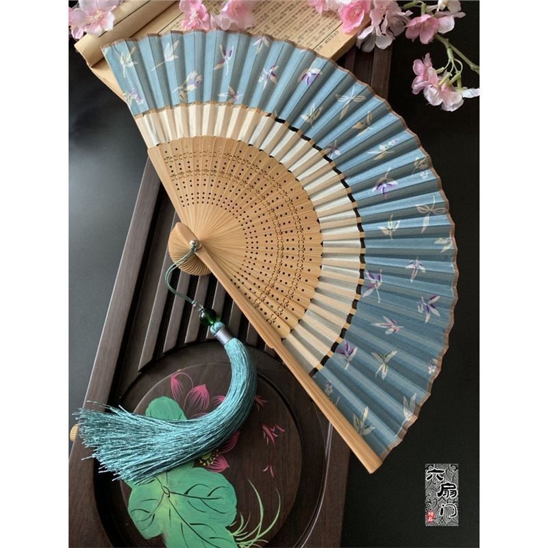 中国風の二重節扇子折りたたみ布張りレトロスタイルチャイナドレス漢服小型扇子ポータブル夏の女性のダンス扇子|undefined