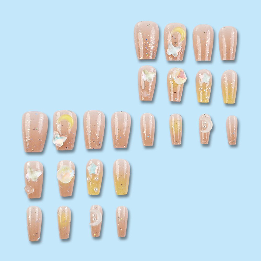 Color desnudo estrella y luna mariposa polvo brillante manicure amor perla puntos de diamante de sueño para usar uñas 24 piezas de parche de uñas falsas image 4