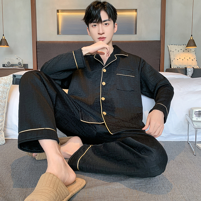 Pijama de algodón de aire para hombres primavera y otoño invierno intercalado de manga larga de algodón para jóvenes engrosados Cardigan conjunto de ropa para el hogar