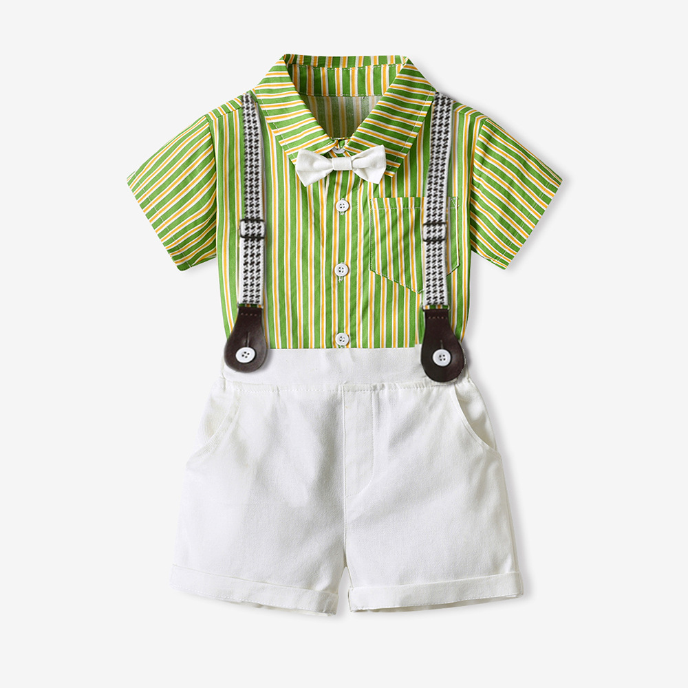 Vestido infantil de verano a rayas collar arco camisa de mangas cortas cinturón pantalones cortos modestamente florista juego de ropa de espectáculo