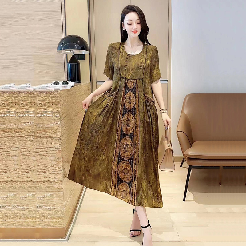 Heavy mulberry silk 2021 summer new fat sister temperament, elegant round, print, pocket, large pendulous dress