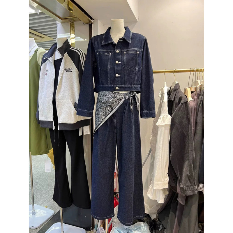 Autumn and Winter Outfit: Deep Blue Denim Short Jacket with Silk Scarf + High-Waisted Straight-Leg Casual Pants Set for Women, Loose Fit