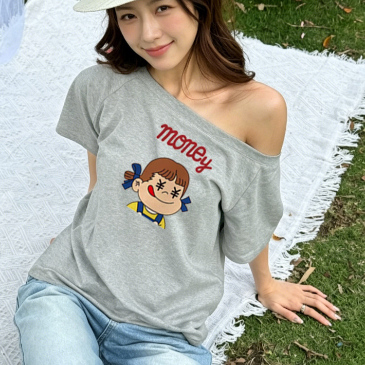 Off-Shoulder Short-Sleeve Women's Top, Summer New Cartoon Print Casual Loose Versatile Off-Shoulder Top for Women