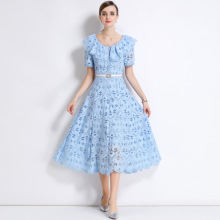跨境连衣裙女法式高级感荷叶边领短袖收腰显瘦长款蕾丝礼服裙