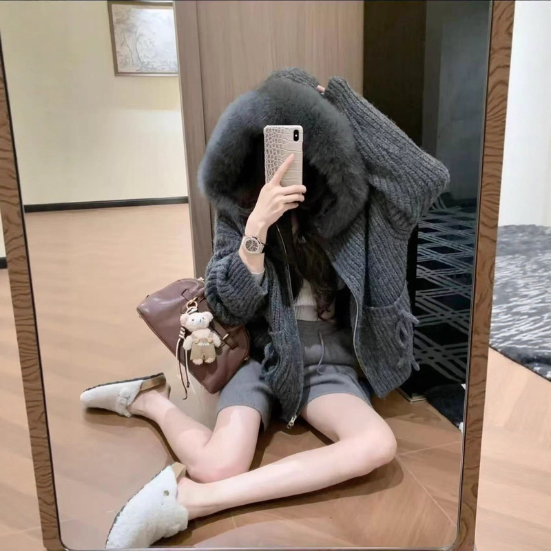 Korean Style Autumn and Winter New Cross-Border Thick Knit Double Zipper Thickened Large Fur Collar Hooded Long Camel Wool Women's Knitted Cardigan Sweater