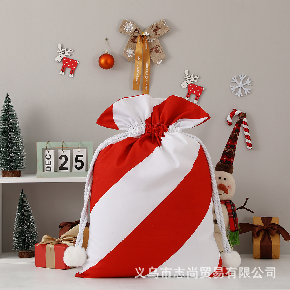 2026新款圣诞包帆布袋子 大条纹个性印花logo双绳束口收纳礼品袋