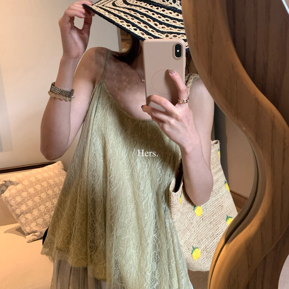 Áo hai dây nữ thiết kế hai mặt mặc được, phối ren, dáng rộng — màu hồng, màu xám, màu vàng, yến mạch