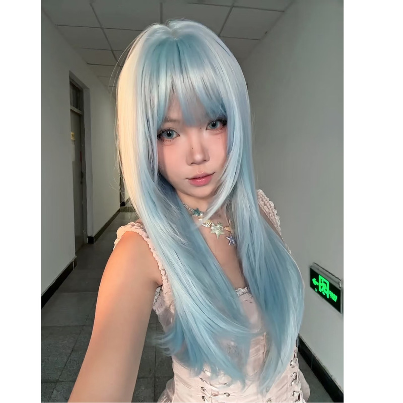Jian Shu [エンジェルアイスブルー] 女性用ウィッグ デイリーロリータ ロングストレートヘア JK リアルヘッドギアウィッグ フルヘアスタイル|undefined