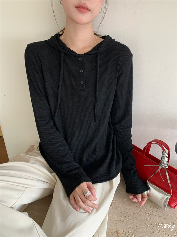 013 秋季新款慵懒风松弛感宽松上衣薄棉连帽长袖打底衫女士T恤潮|undefined