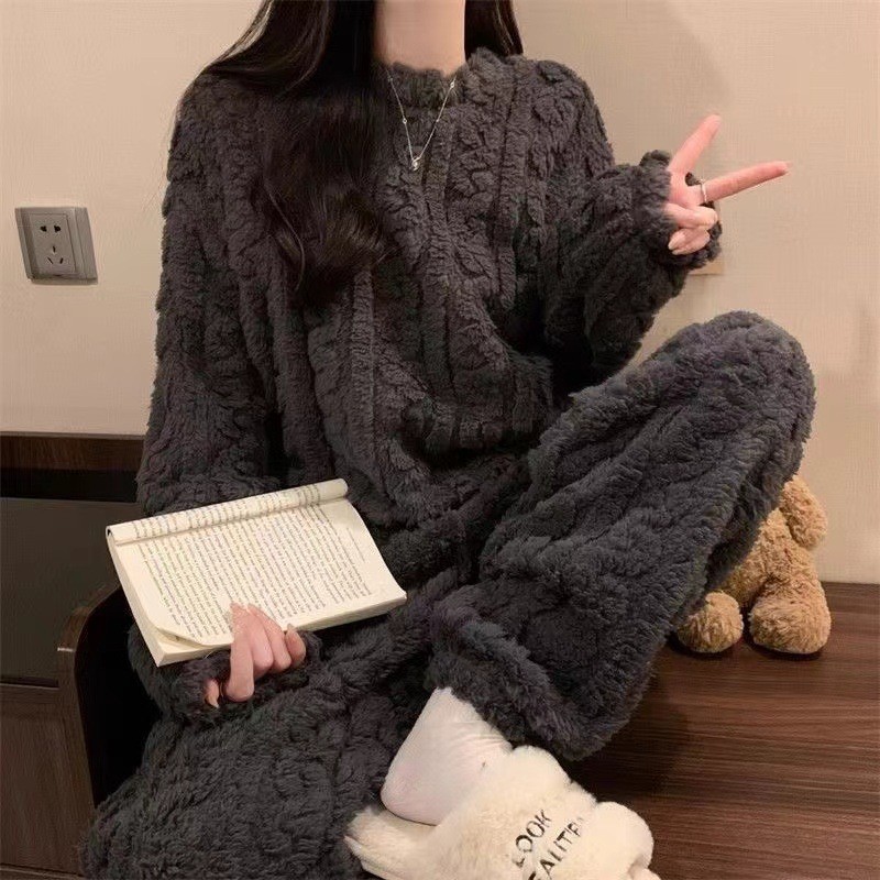 秋冬款珊瑚绒提花套装睡衣家居服女加绒加厚保暖套装长袖长裤套装|undefined