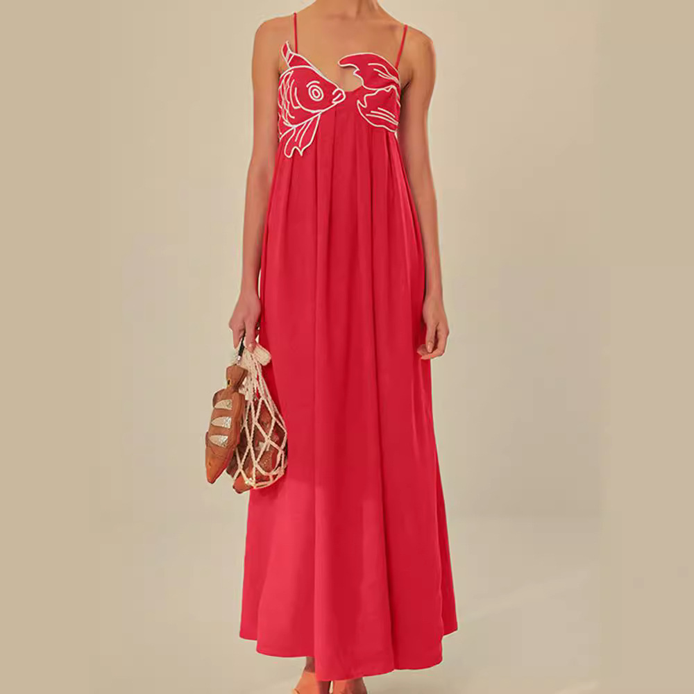 thumbnail image 1 of Vestido de mujer con bordado de pez rojo, cintura alta, plisado, falda larga de algodón y lino, novedad de 2024, falda con tirantes para chica sexy, 1 of 4