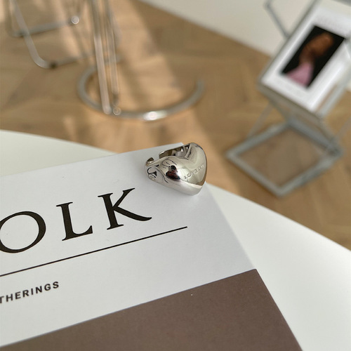 Korean Version S925 Silver 3D Heart Ring for Women Vintage Fashion Personality Alphabet Open Finger Ring Hip-Hop Index Finger Ring Trendy