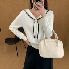 韩版气质海军领长袖针织衫女早秋新款简约百搭小衫设计感小众上衣