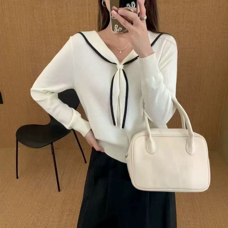 韩版气质海军领长袖针织衫女早秋新款简约百搭小衫设计感小众上衣|undefined