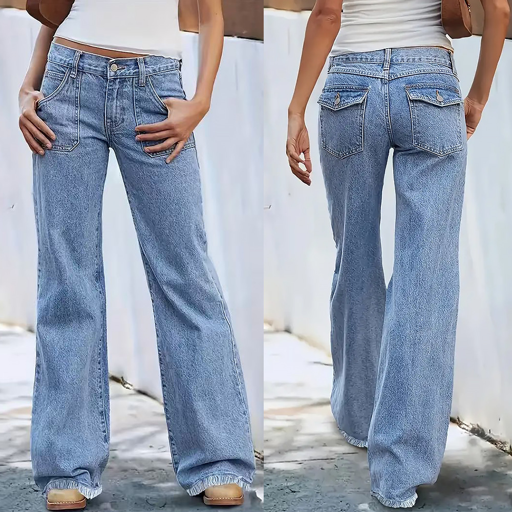 Jeans de pierna ancha para mujer de mezclilla de algodón con bolsillos grandes image 1