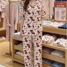 跨境亚马逊热卖舒适纽扣款女士休闲宽松家居服印花睡衣套装