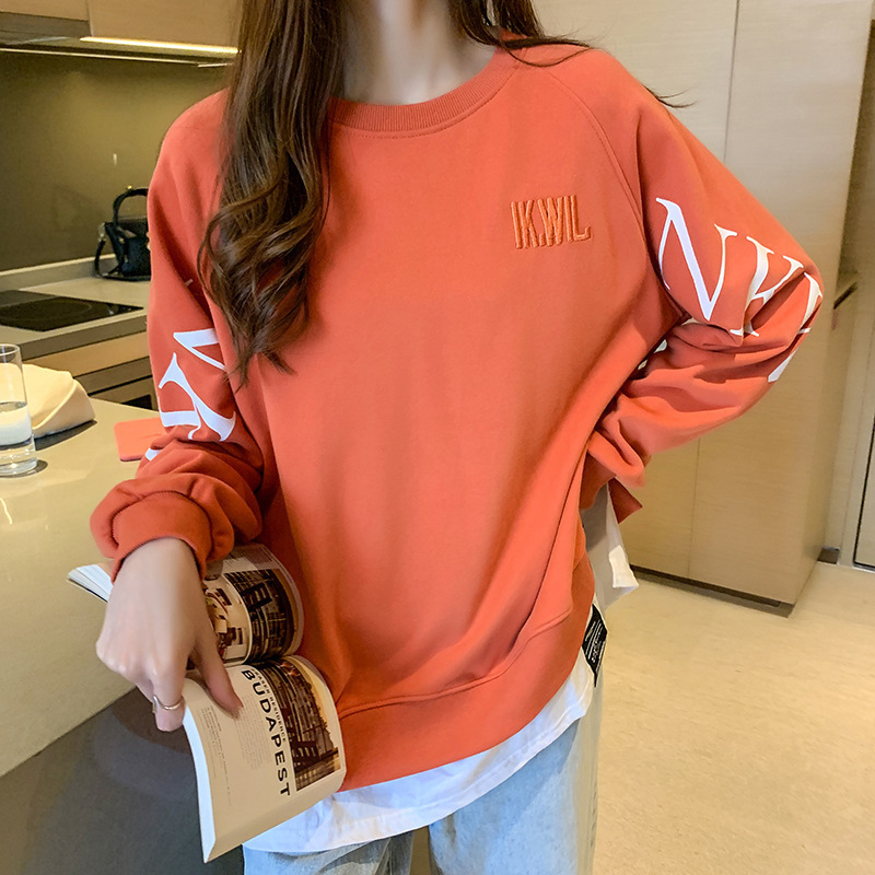 New Cross-Border Fake Two-Piece Long-Sleeved Sweatshirt for Women Loose Korean Style Thin 2025 Summer Round Neck Letter Sweatshirt for Women Trendy