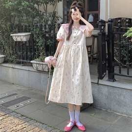 胖特大码300斤娃娃领碎花连衣裙女装夏季法式甜美减龄衬衫长裙2