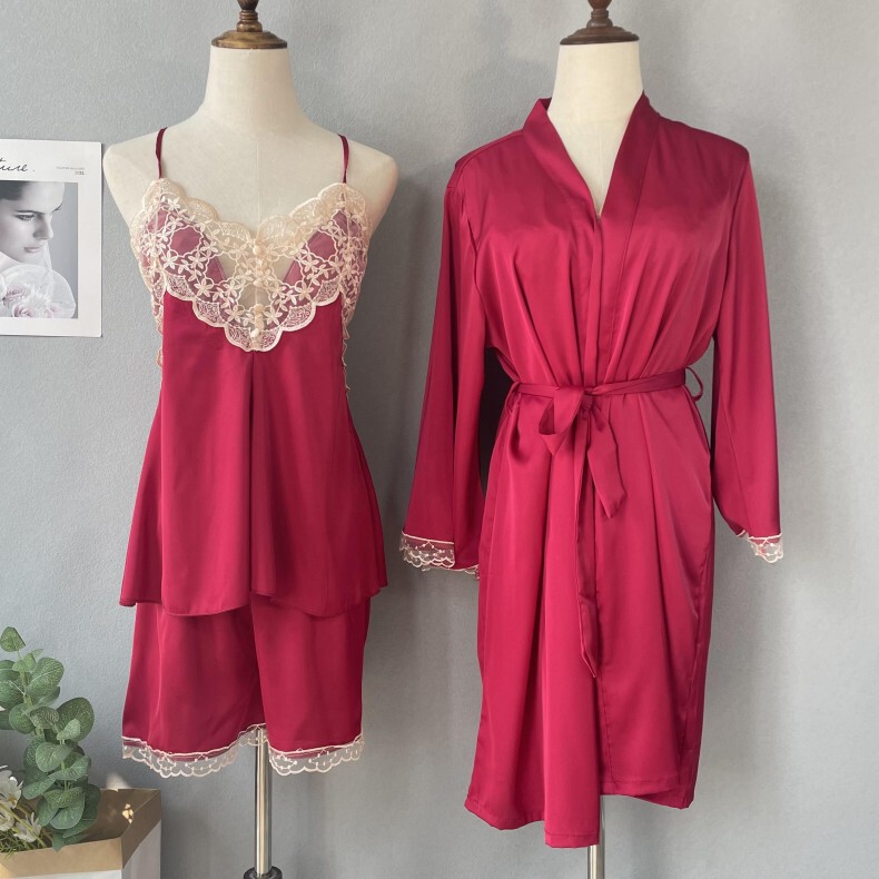 Pajamas Women's Spring and Autumn Ice Silk Bathrobe Nightgown Summer Long Imitation Silk Sling Sexy Thin Three-piece Suit