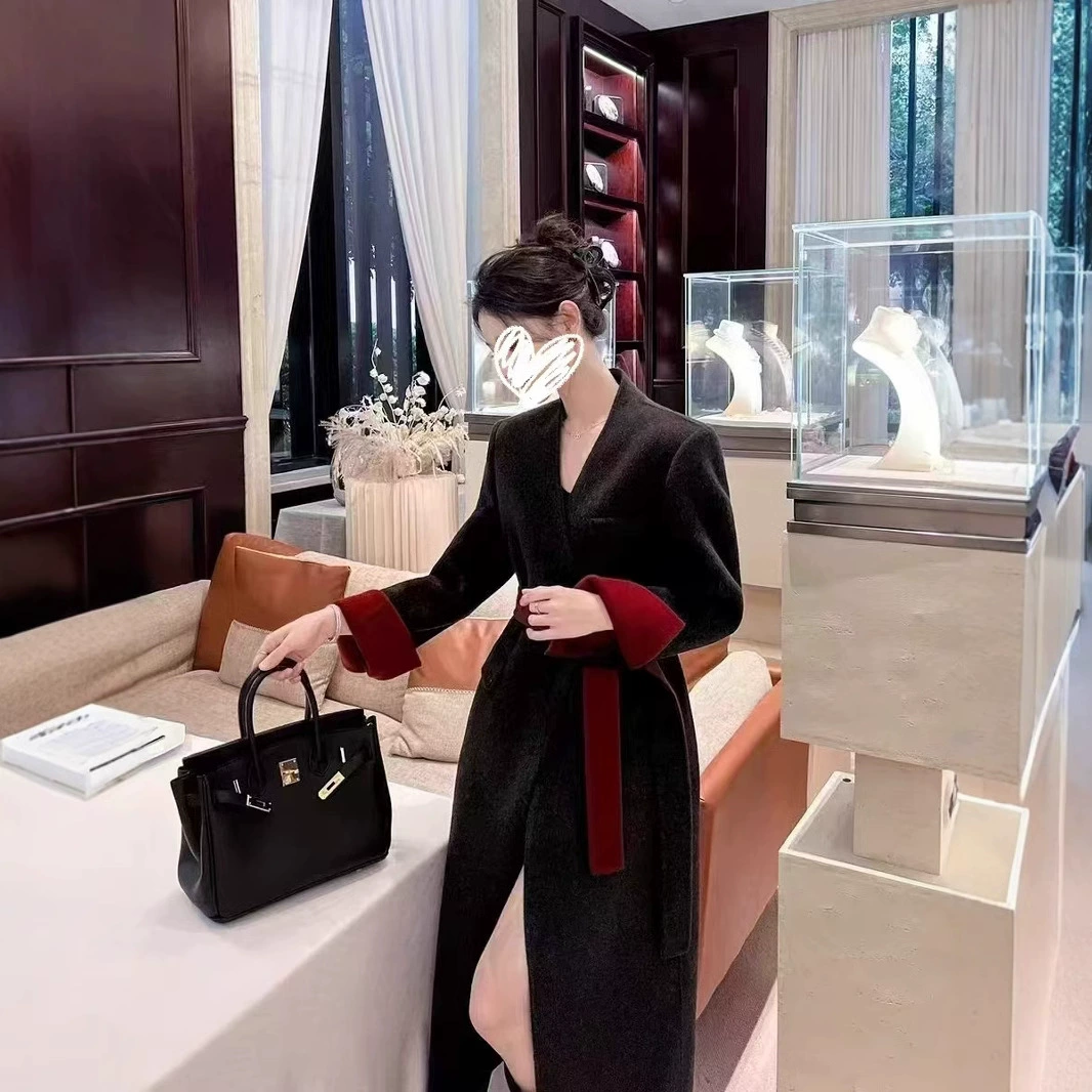 Расширенный смысл V-образный вырез Двустороннее шерстяное пальто длинное женское 2024 осень-зима новая талия шнуровка