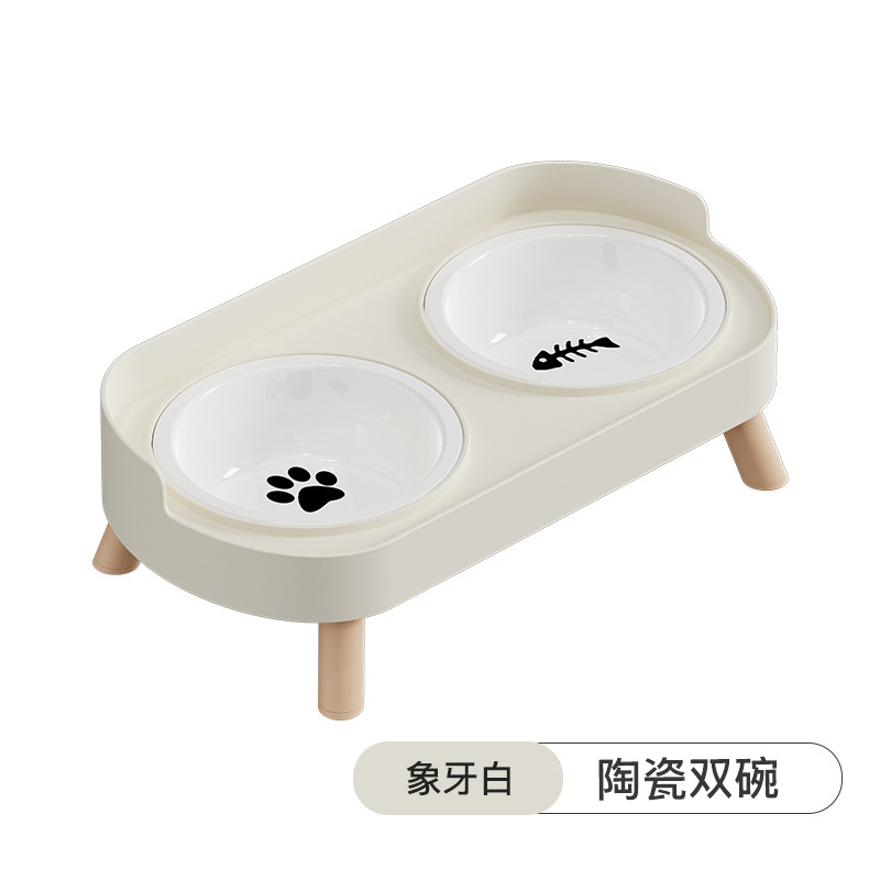 Cerámica doble tazón blanco de marfil