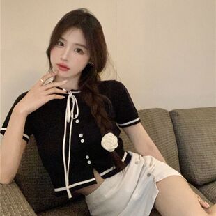 2024夏小香短款小衫甜心名媛风短袖针织开衫女减龄薄款绝美上衣女-阿里巴巴