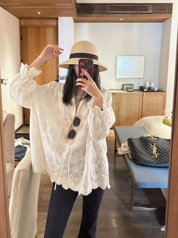 Southern French Holiday 2025 Spring and Summer New Products Freedom and Romance Heavy Embroider Lace Shirt Top Shirt