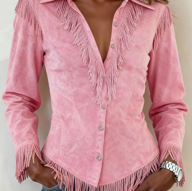 2026 European and American Women's Fashion Amazon Independent Site New Western Cowboy Style Suede Tassel Slim Long-Sleeve Shirt