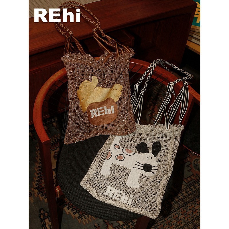 REhi 麻花兜兜袋 原创编绳小狗绣花编织大容量单肩包斜挎托特包|undefined