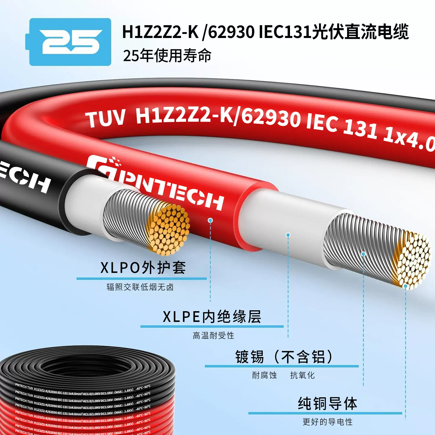 PNTECH太阳能光伏直流电缆16 25 35平方TUV CE认证光伏线h1z2z2-k