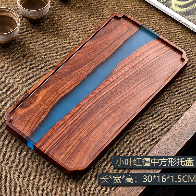 Bandeja de té de sándalo rojo de hoja pequeña de lujo ligero, mesa de té retro de resina epoxi de alta calidad, bandeja de bandeja de espuma seca pequeña para oficina en el hogar