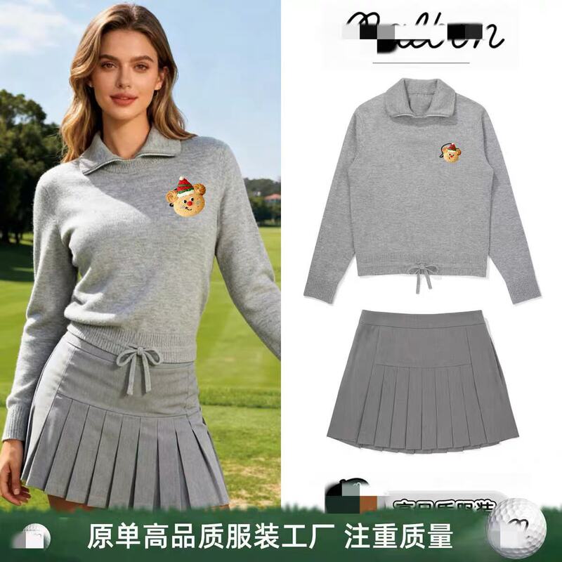 Korean Golf Autumn and Winter Women's Set: Long-Sleeve Knit Sweater, Sweatshirt, Short Skirt, Windproof Lining, Two-In-One Cotton