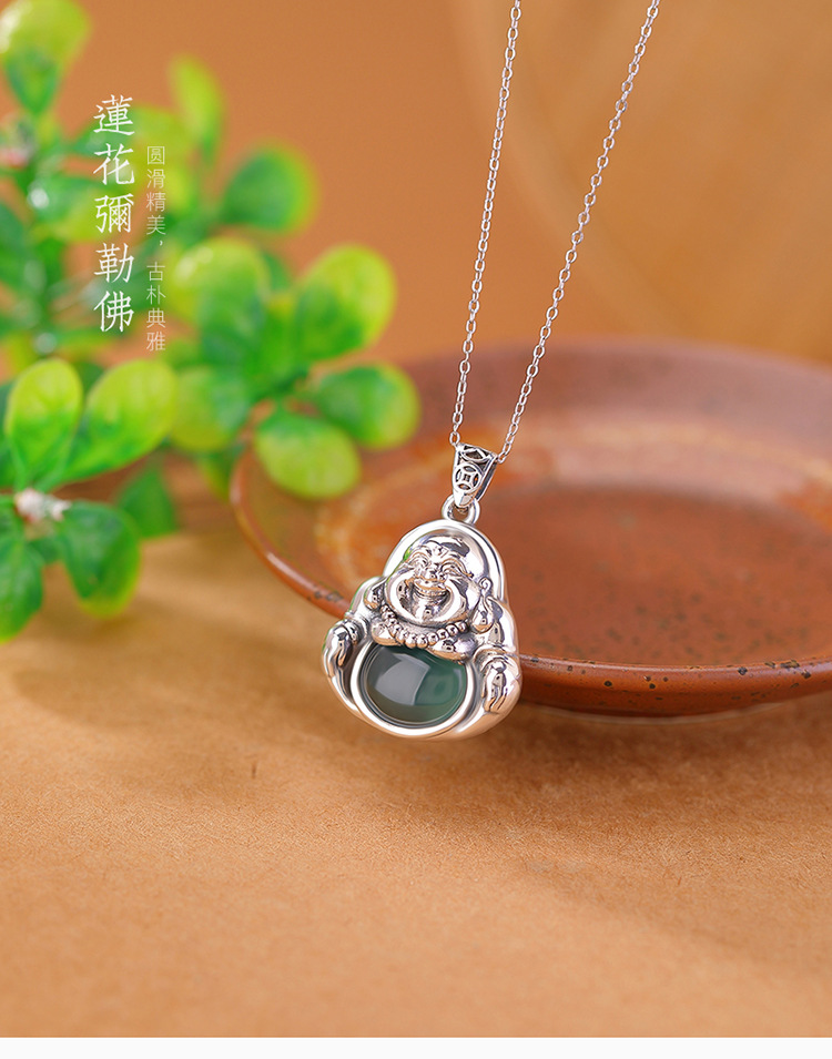Mặt dây chuyền bạc S999 hình nai ngọc bích phong cách Trung Hoa cổ điển – Phật Di Lặc, hoa sen, tiền xu — Mặt dây chuyền đơn (không bao gồm dây chuyền) chi tiết 1