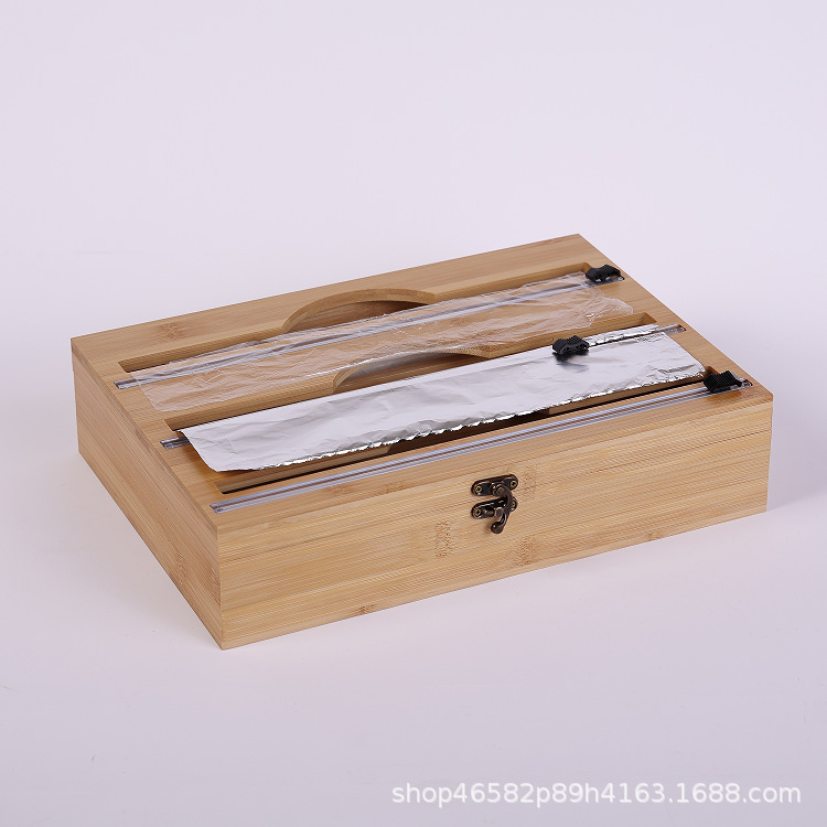 Caja de almacenamiento de bambú para cocina, cortador de papel film y papel de aluminio, organizador de clasificación de bambú para cajones, caja de bambú simple
