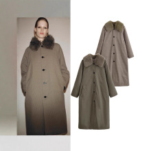 za欧美风跨境2025新款冬季女装时尚潮流毛领两面穿长款风衣