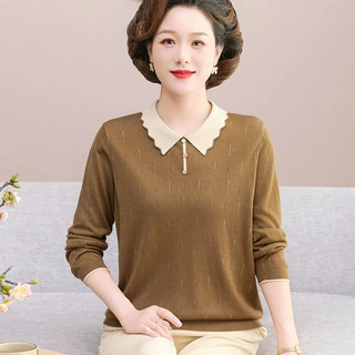 25新款妈妈春装洋气小衫中老年薄款针织打底衫女大码翻领t恤上衣