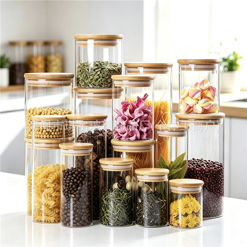 Wholesale high borosilicate glass sealed jars with bamboo lids, transparent storage jars, candy jars, kitchen grain storage jars, and tea jars