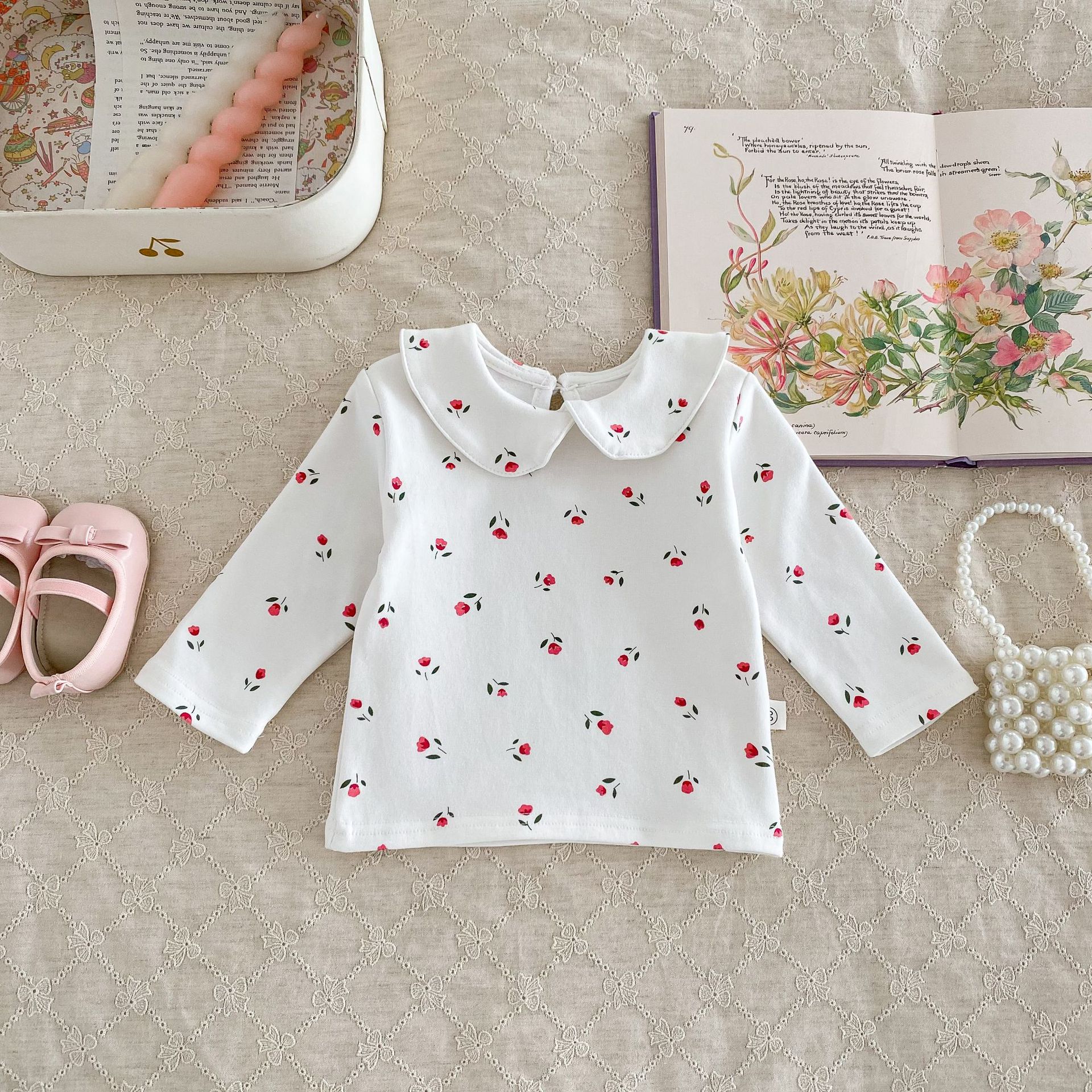 2023 otoño ropa infantil niña bebé muñeca collar bottoming camisa recién nacido floral conejo impreso camiseta superior